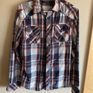 Men's Carbon Plaid Button-Up Shirt in Navy, White & Orange - Long Sleeve Medium